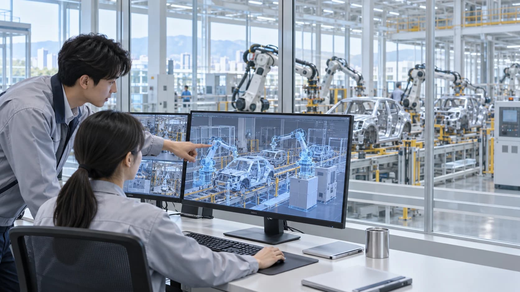 Engineers comparing a real automotive production line with its digital replica