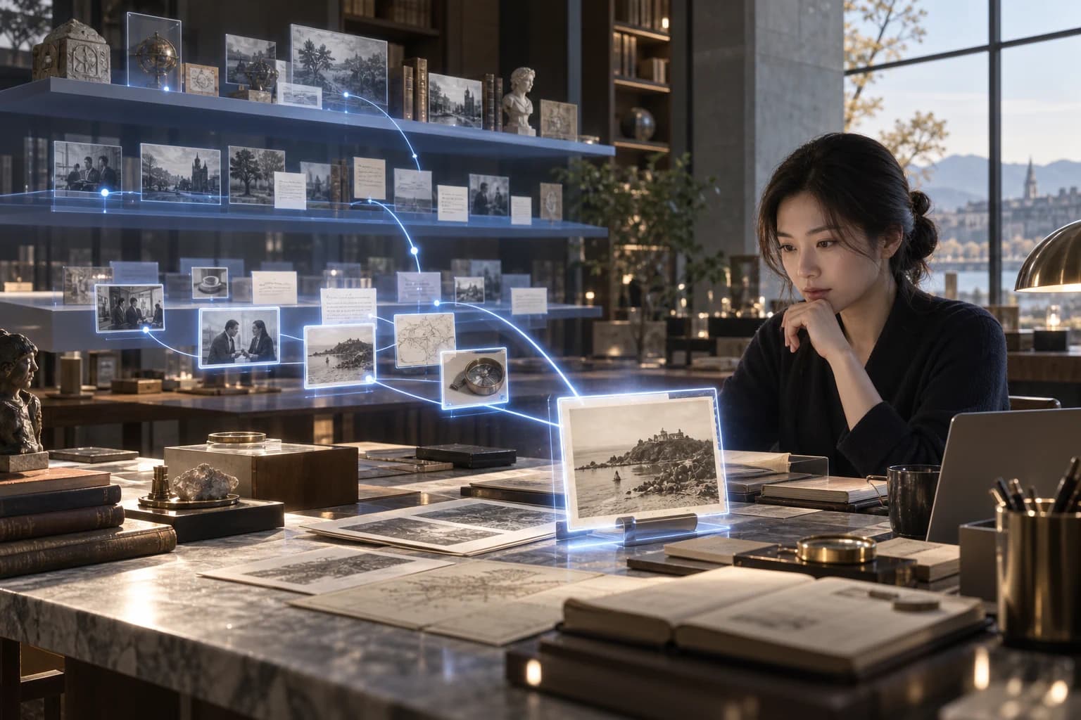 A researcher connecting records and digital references in a library