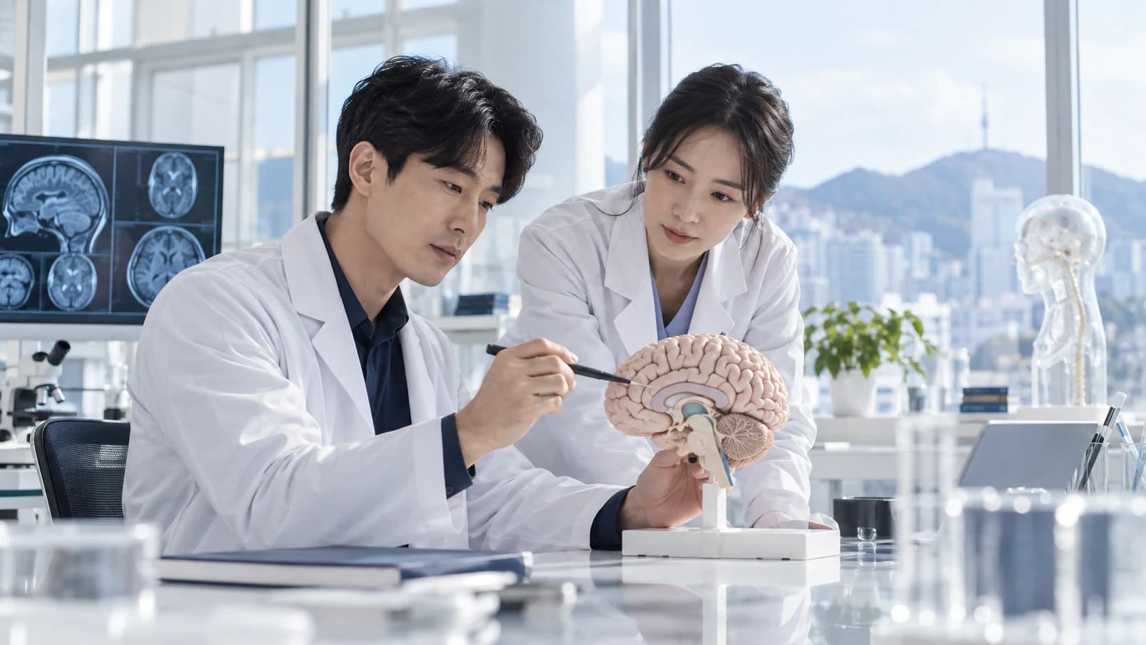 Clinicians reviewing a brain model and medical imagery in a bright research setting