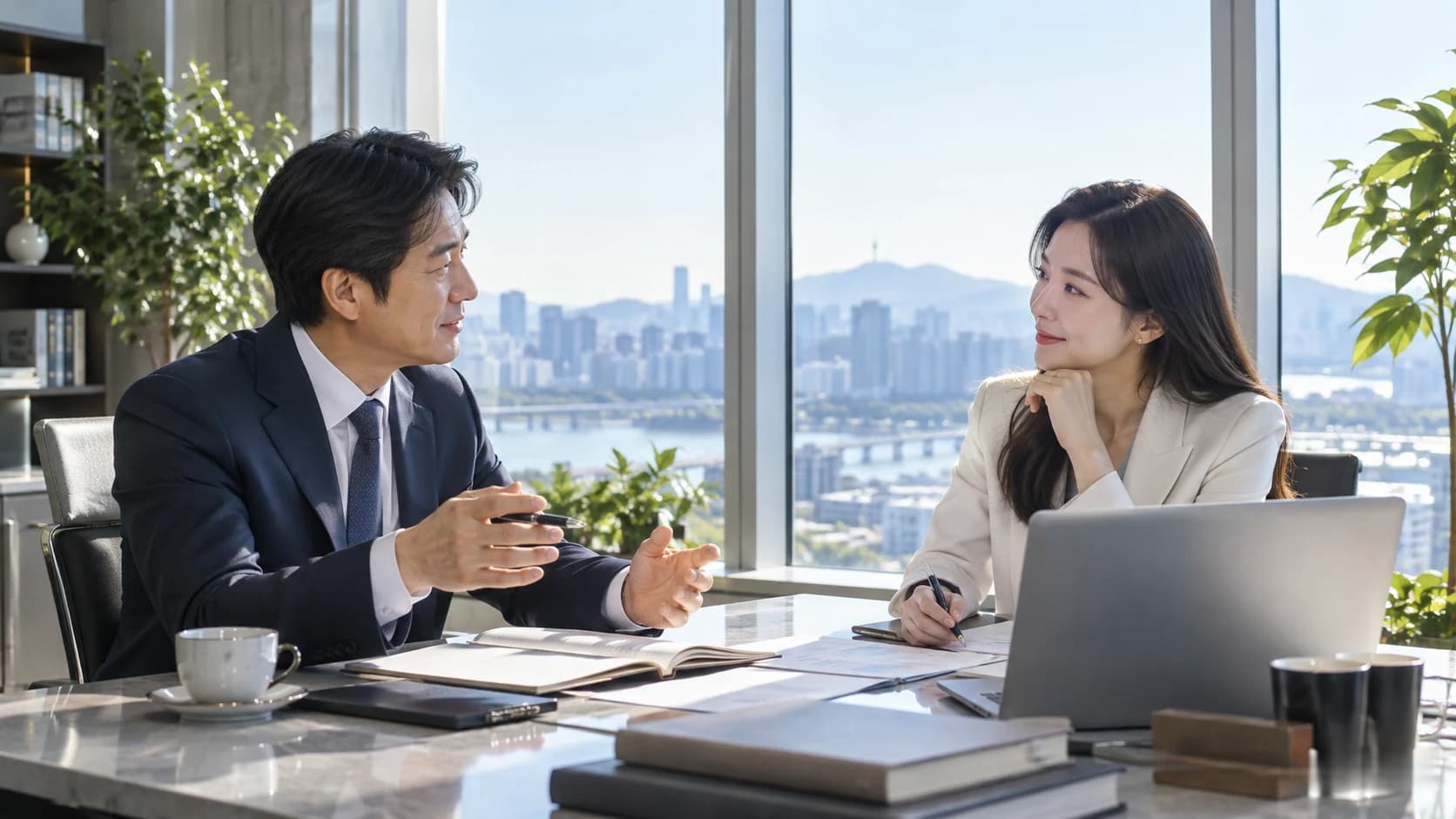 Two people reviewing a project brief together in a bright office