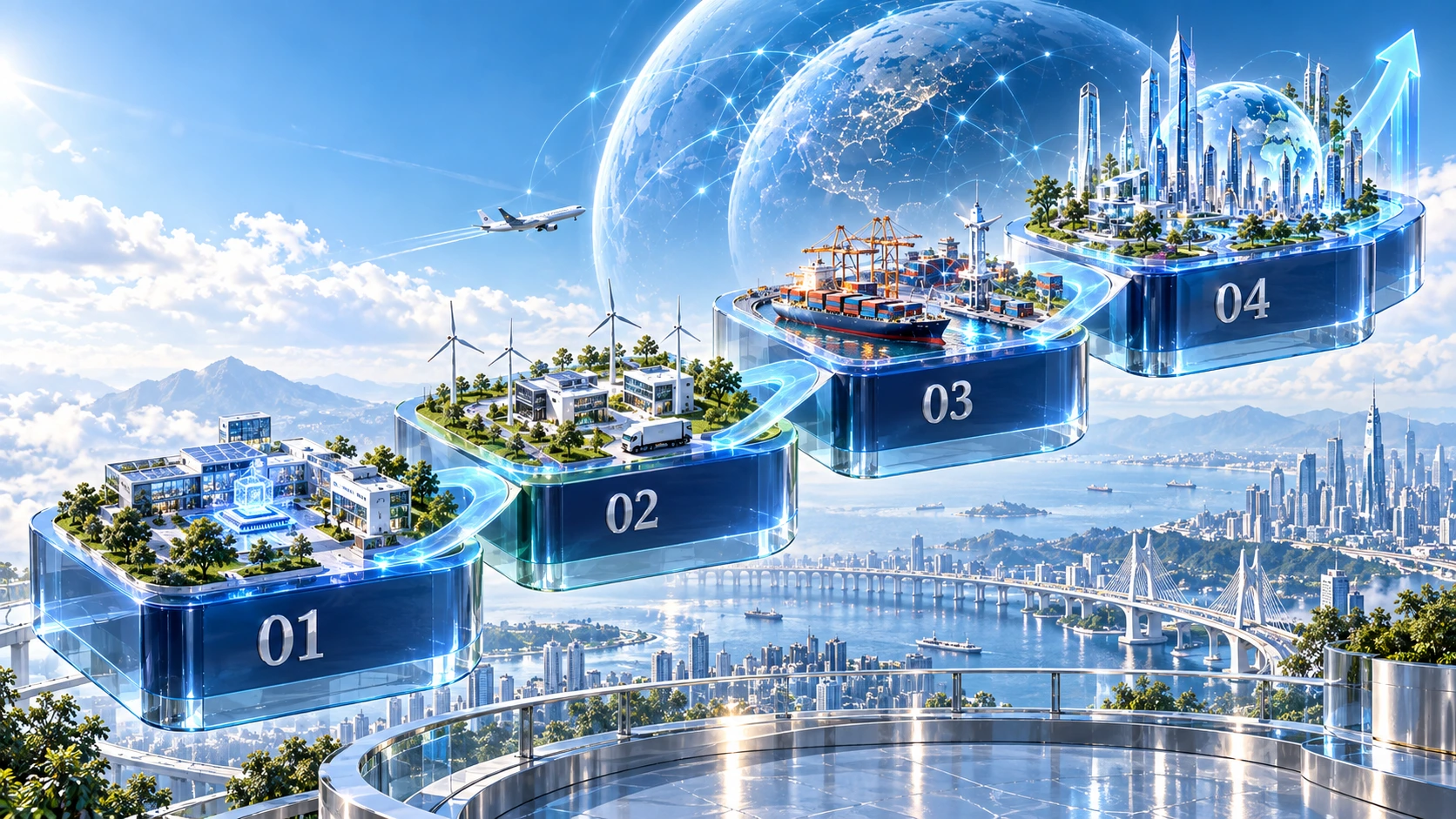 Four crystalline platforms connecting research, clean industry, global logistics and a future city. A concept illustration of AGEIUM’s vision.