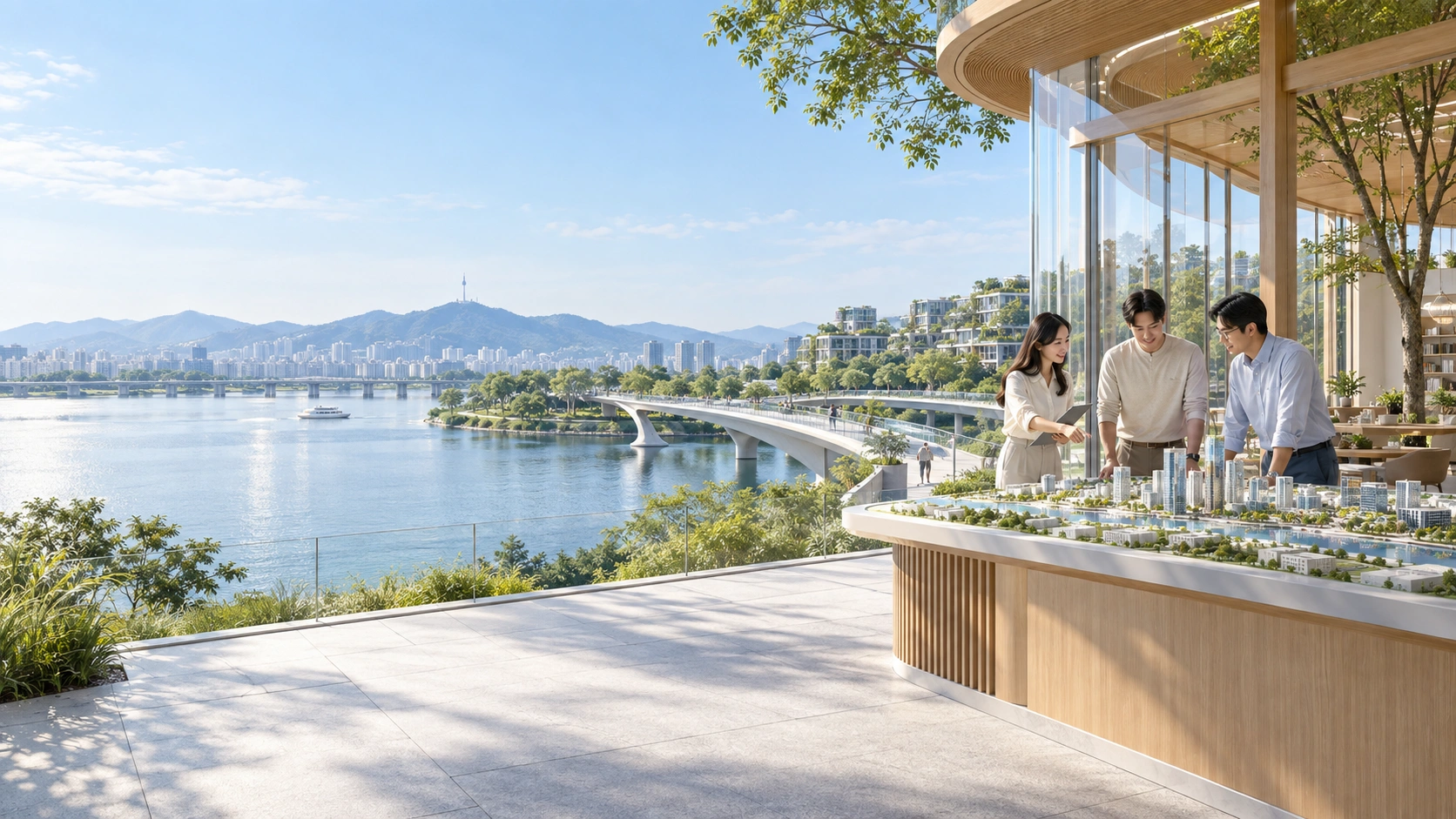 People designing a city model in a sunlit riverside garden, with a bridge connecting to a future city